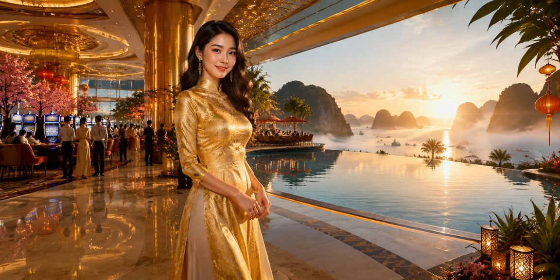 Phụ nữ mặc áo dài đặt cược trực tuyến tại Vịnh Hạ Long với khung cảnh thiên nhiên tuyệt đẹp