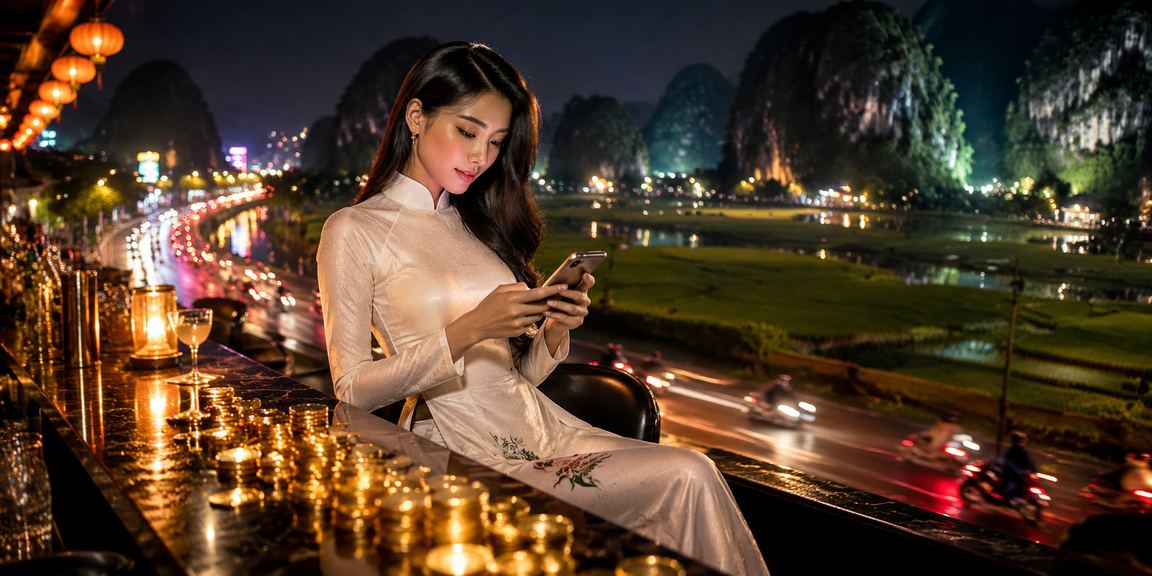 Người phụ nữ mặc áo dài thực hiện giao dịch casino trên điện thoại tại Ninh Bình